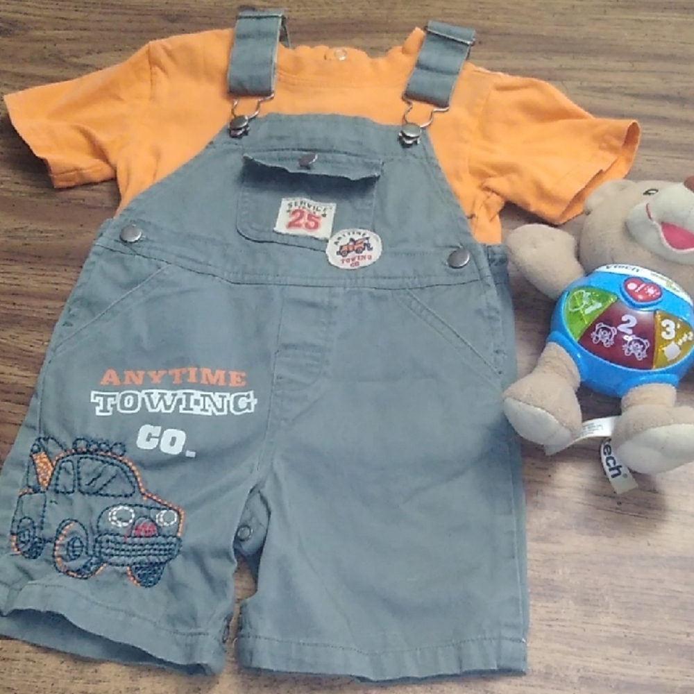 Gray and Orange Overalls with Playful Design 18 Months